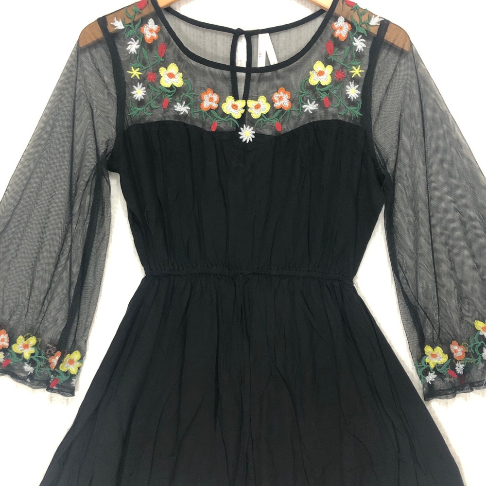 True Destiny Black Sheer‎ Mesh Embroidered Floral Bell Sleeve Dress Size S